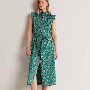 Boden Jane Smocked Midi Shirt Dress emerald green in peony bloom 6P P671